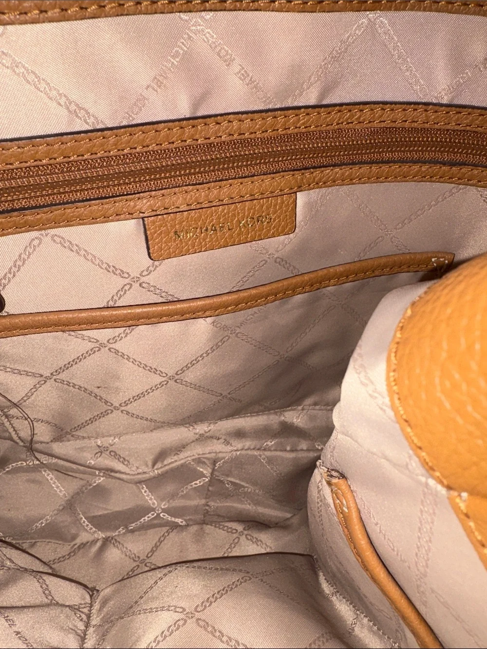 Michael Kors Tan and Cream MK Logo Hobo Shoulder Bag with Gold MK Charm